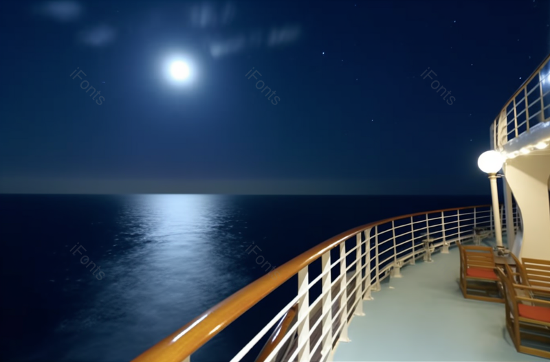船甲板上的夜晚与月亮船舷板护栏海洋海面海平面无人场景灯光,高清,摄影图,摄影图片,图片大全,摄影图免费下载